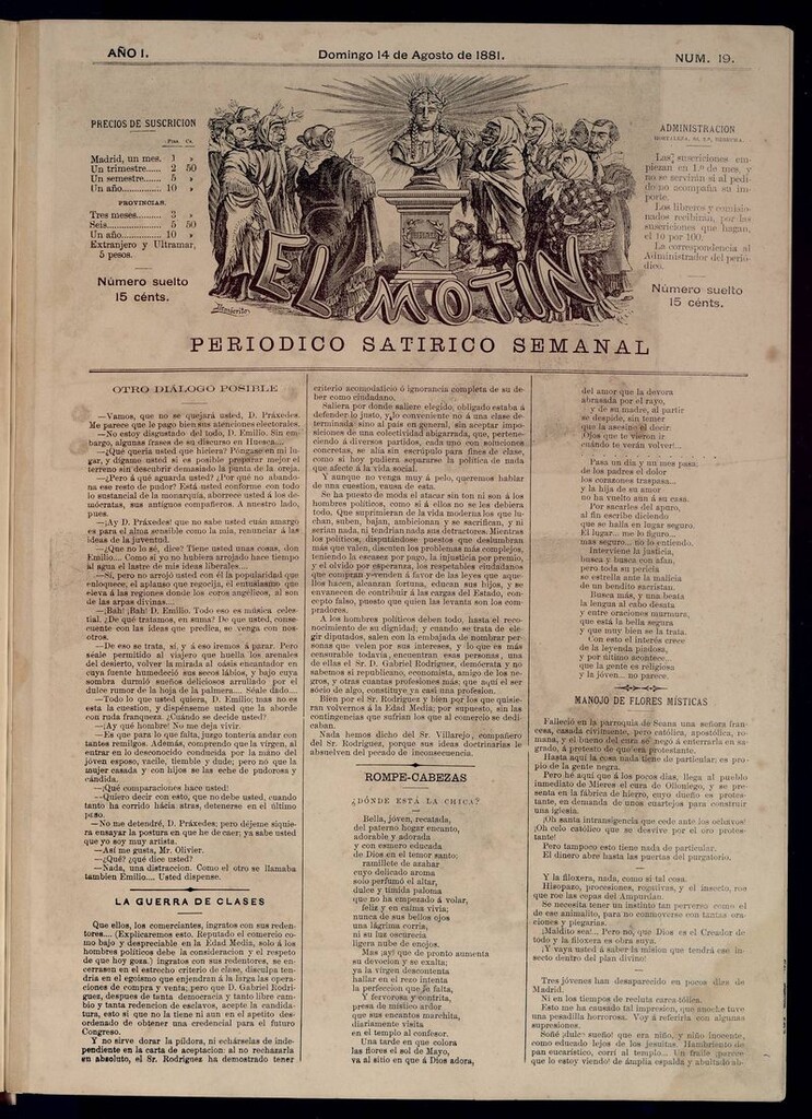 Miniatura de El Motín: periódico satírico semanal del domingo 14 de agosto de 1881