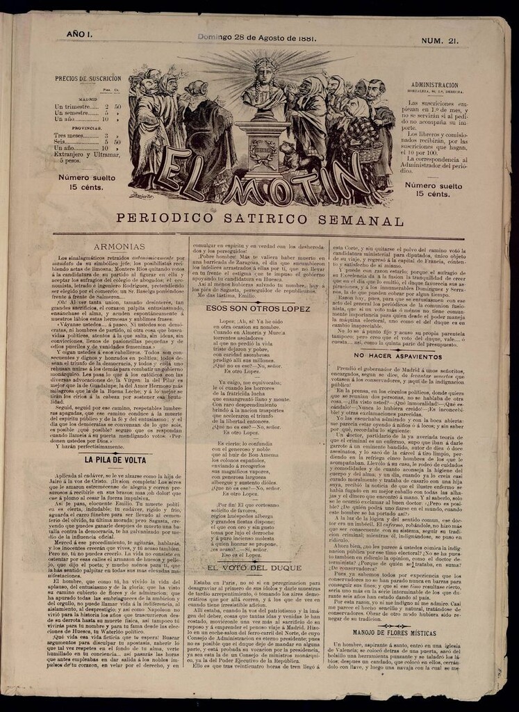 Miniatura de El Motín: periódico satírico semanal del domingo 28 de agosto de 1881