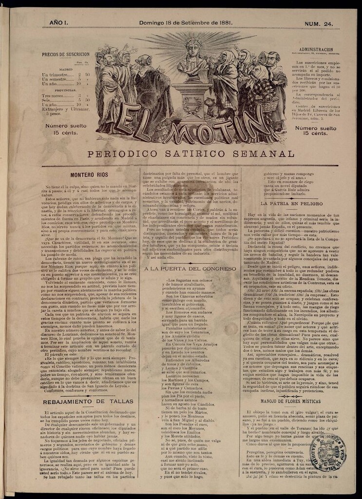 Miniatura de El Motín: periódico satírico semanal del domingo 18 de septiembre de 1881