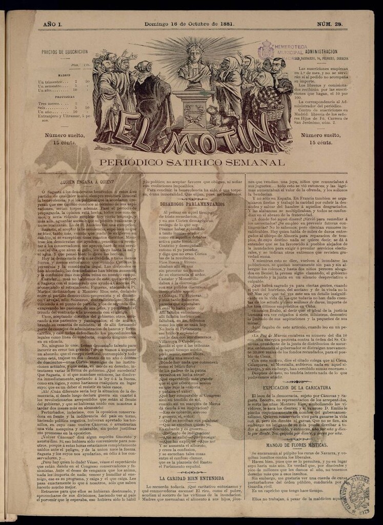 Miniatura de El Motín: periódico satírico semanal del domingo 16 de octubre de 1881