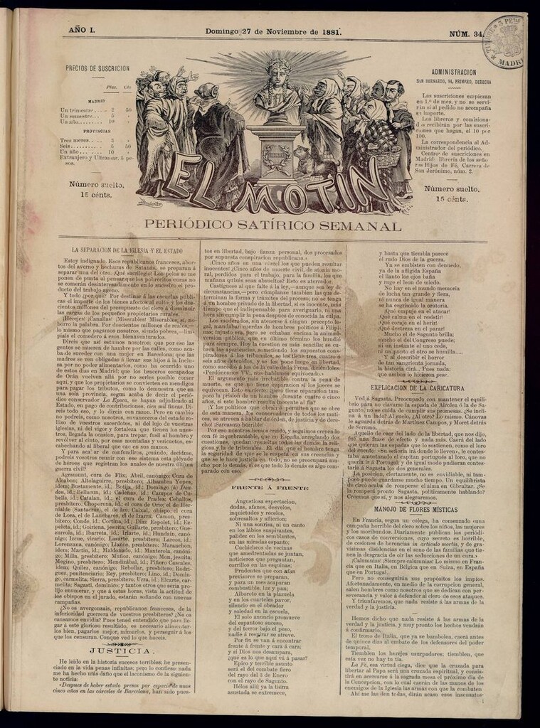 Miniatura de El Motín: periódico satírico semanal del domingo 27 de noviembre de 1881