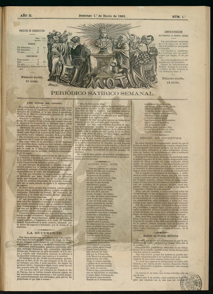 Miniatura de El Motín: periódico satírico semanal del domingo 1 de enero de 1882