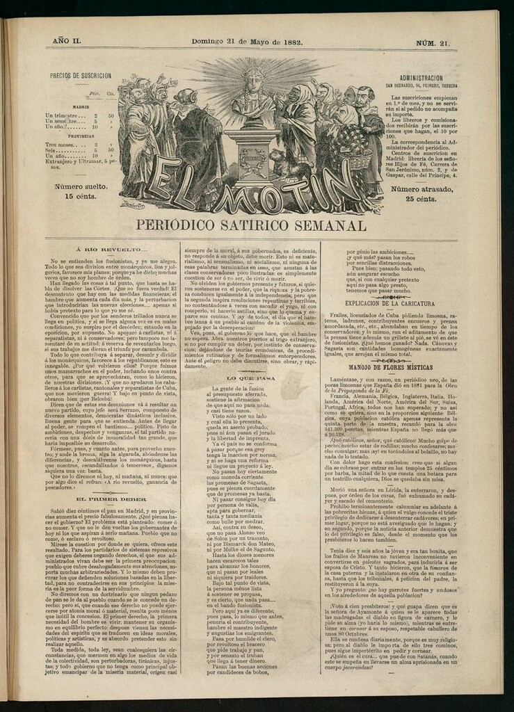 Miniatura de El Motín: periódico satírico semanal del domingo 21 de mayo de 1882