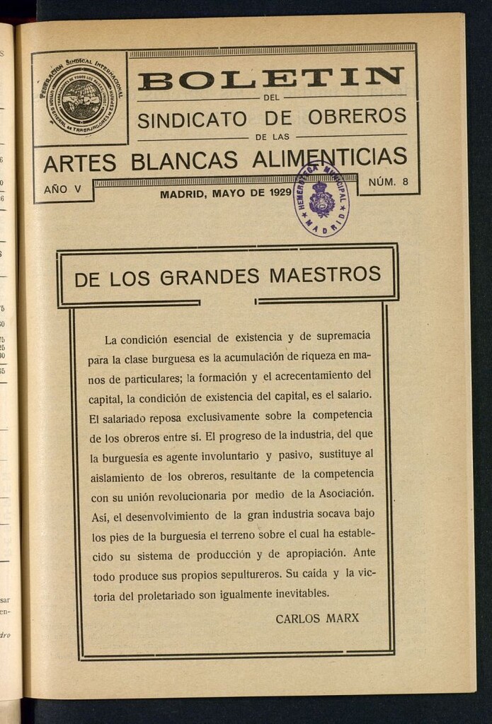 Miniatura de Boletín del Sindicato de Obreros de las Artes Blancas Alimenticias de mayo de 1929