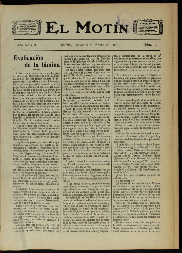 Miniatura de El Motín: periódico satírico semanal del 2 de Enero de 1913
