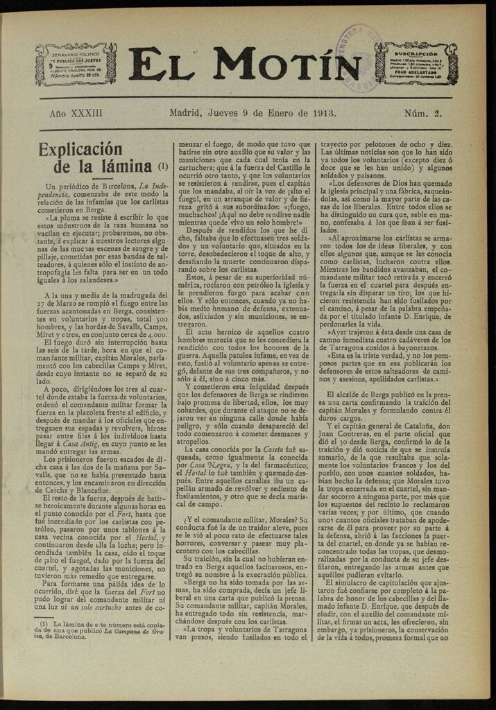 Miniatura de El Motín: periódico satírico semanal del 9 de Enero de 1913