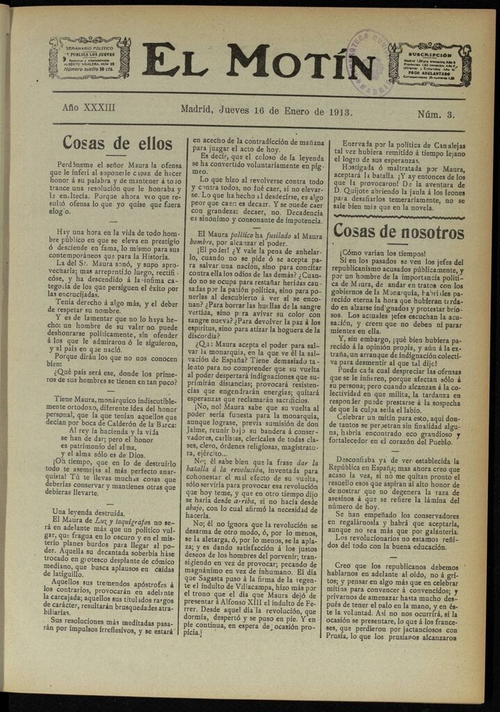 Miniatura de El Motín: periódico satírico semanal del 16 de Enero de 1913