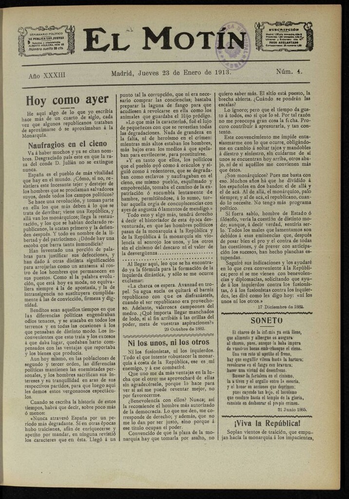 Miniatura de El Motín: periódico satírico semanal del 23 de Enero de 1913