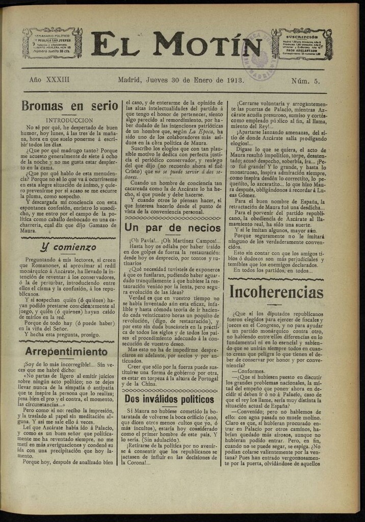 Miniatura de El Motín: periódico satírico semanal del 30 de Enero de 1913
