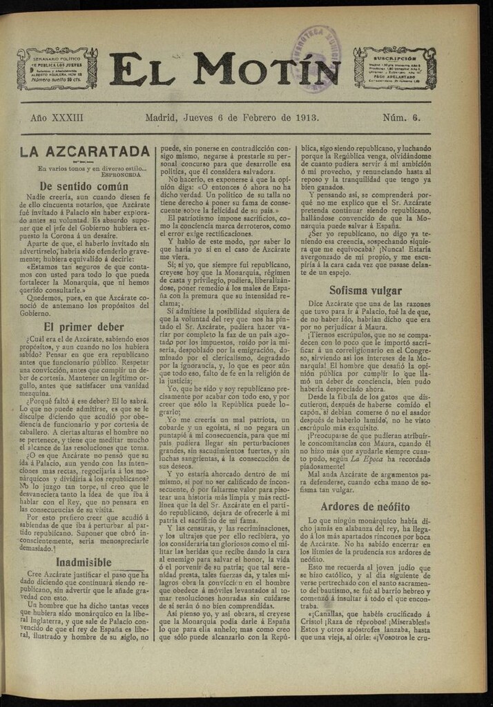 Miniatura de El Motín: periódico satírico semanal del 6 de Febrero de 1913