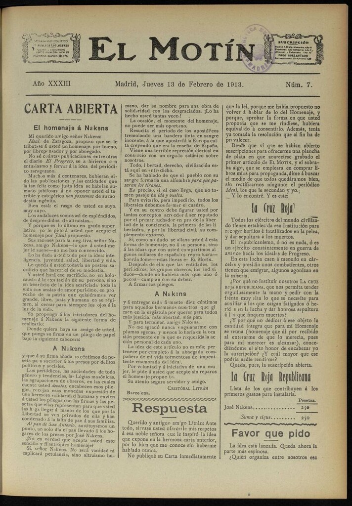 Miniatura de El Motín: periódico satírico semanal del 13 de Febrero de 1913