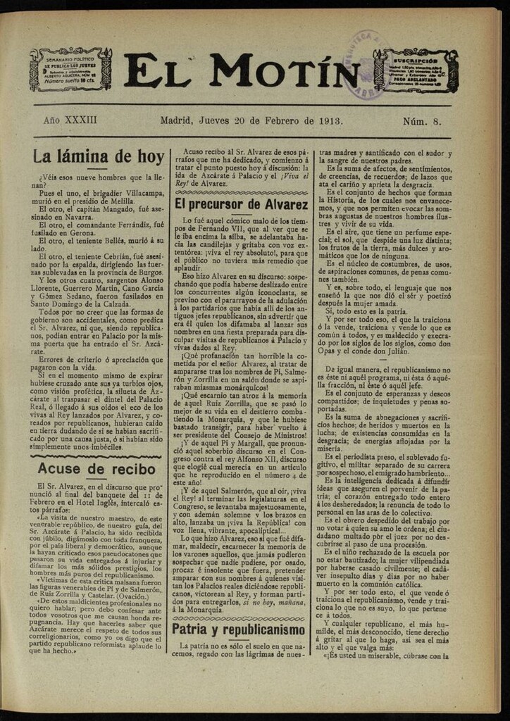 Miniatura de El Motín: periódico satírico semanal del 20 de Febrero de 1913