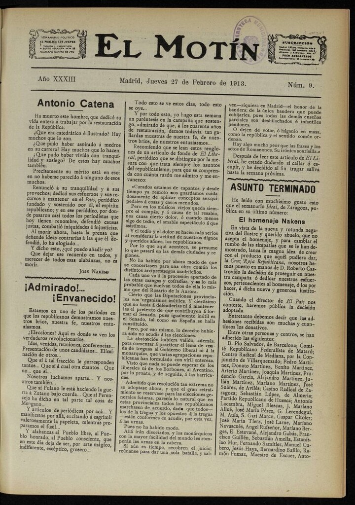 Miniatura de El Motín: periódico satírico semanal del 27 de Febrero de 1913
