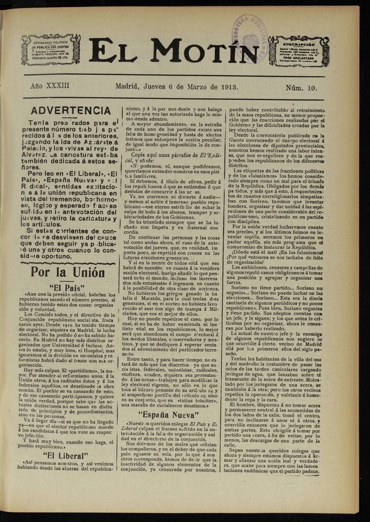 Miniatura de El Motín: periódico satírico semanal del 6 de Marzo de 1913