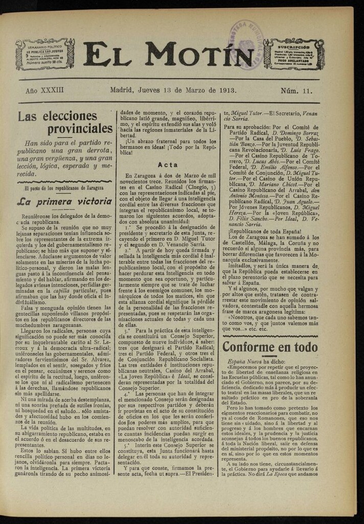 Miniatura de El Motín: periódico satírico semanal del 13 de Marzo de 1913