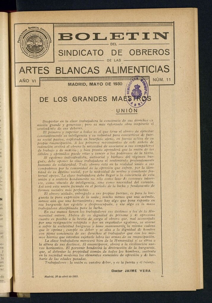 Miniatura de Boletín del Sindicato de Obreros de las Artes Blancas Alimenticias de mayo de 1930