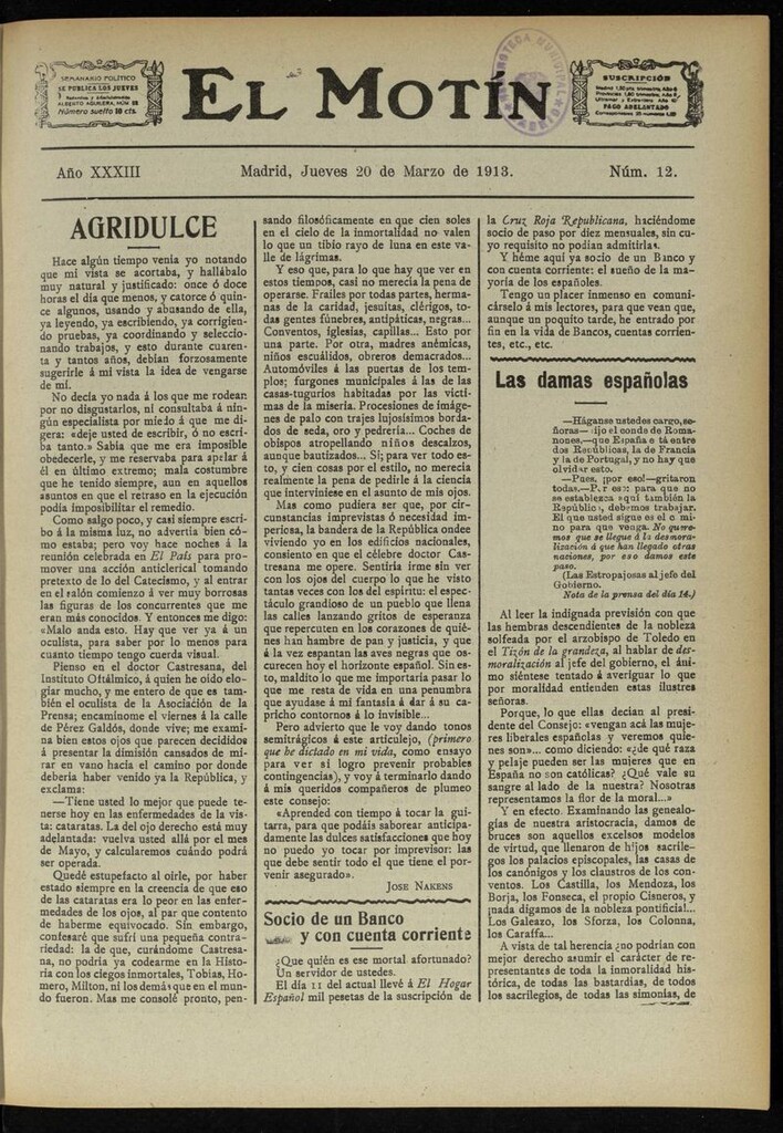 Miniatura de El Motín: periódico satírico semanal del 20 de Marzo de 1913