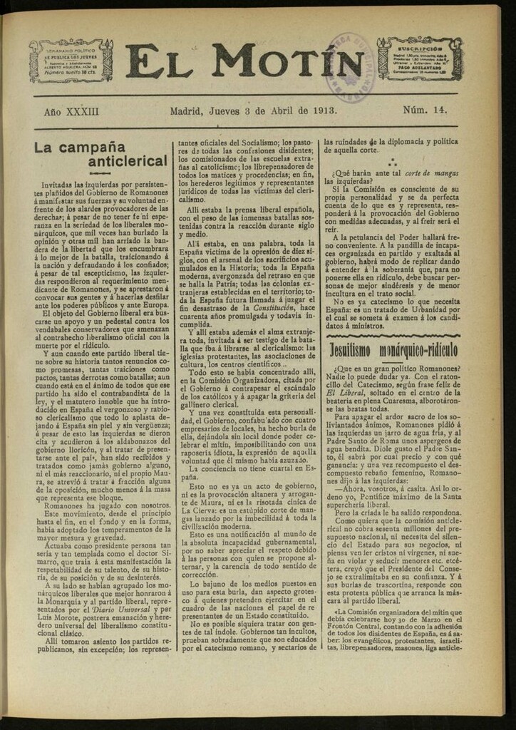Miniatura de El Motín: periódico satírico semanal del 3 de Abril de 1913