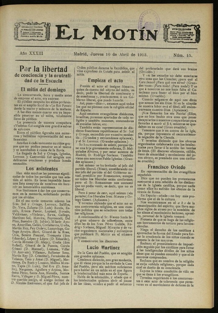 Miniatura de El Motín: periódico satírico semanal del 10 de Abril de 1913