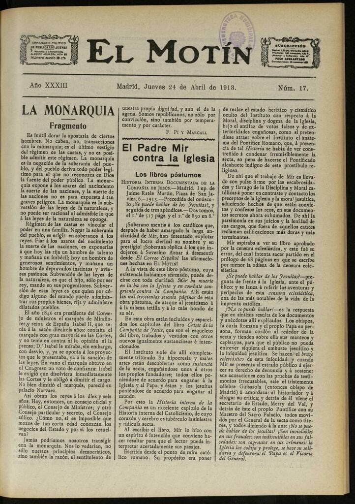Miniatura de El Motín: periódico satírico semanal del 24 de Abril de 1913