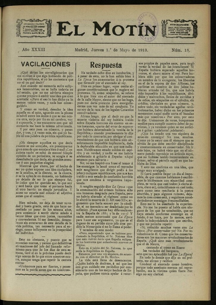Miniatura de El Motín: periódico satírico semanal del 1 de Mayo de 1913