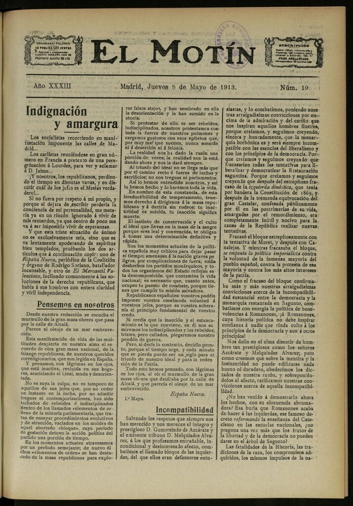 Miniatura de El Motín: periódico satírico semanal del 8 de Mayo de 1913