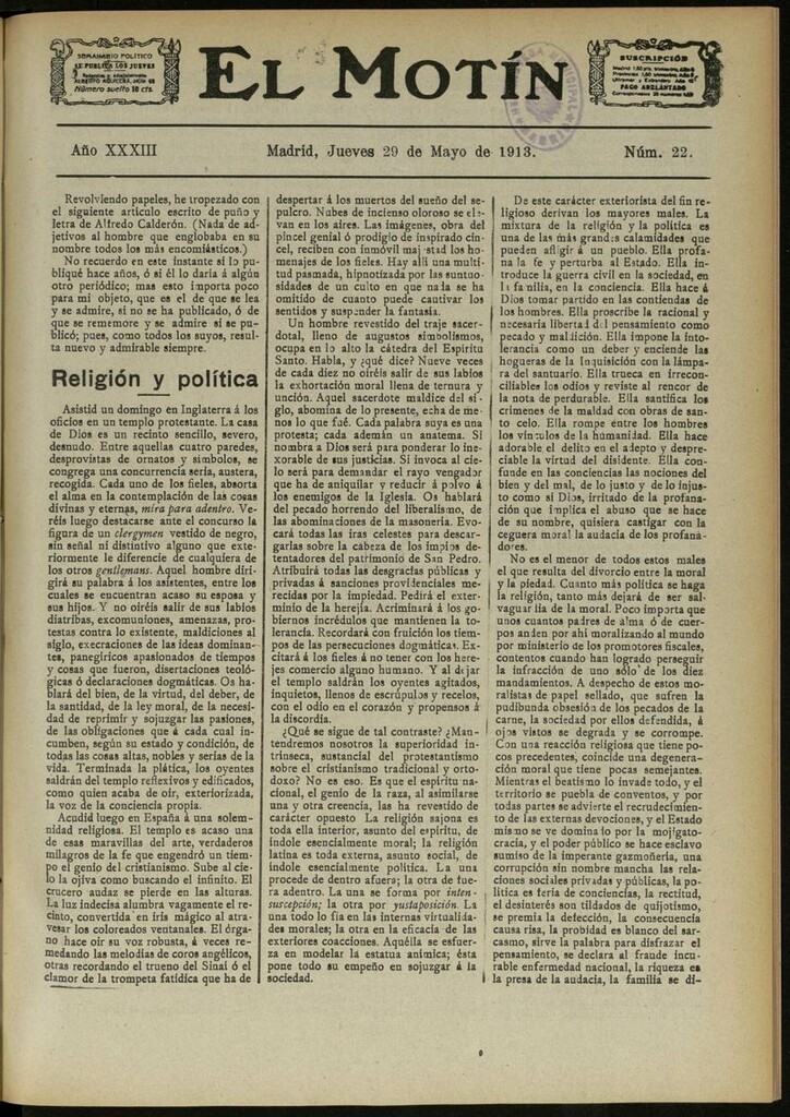Miniatura de El Motín: periódico satírico semanal del 29 de Mayo de 1913