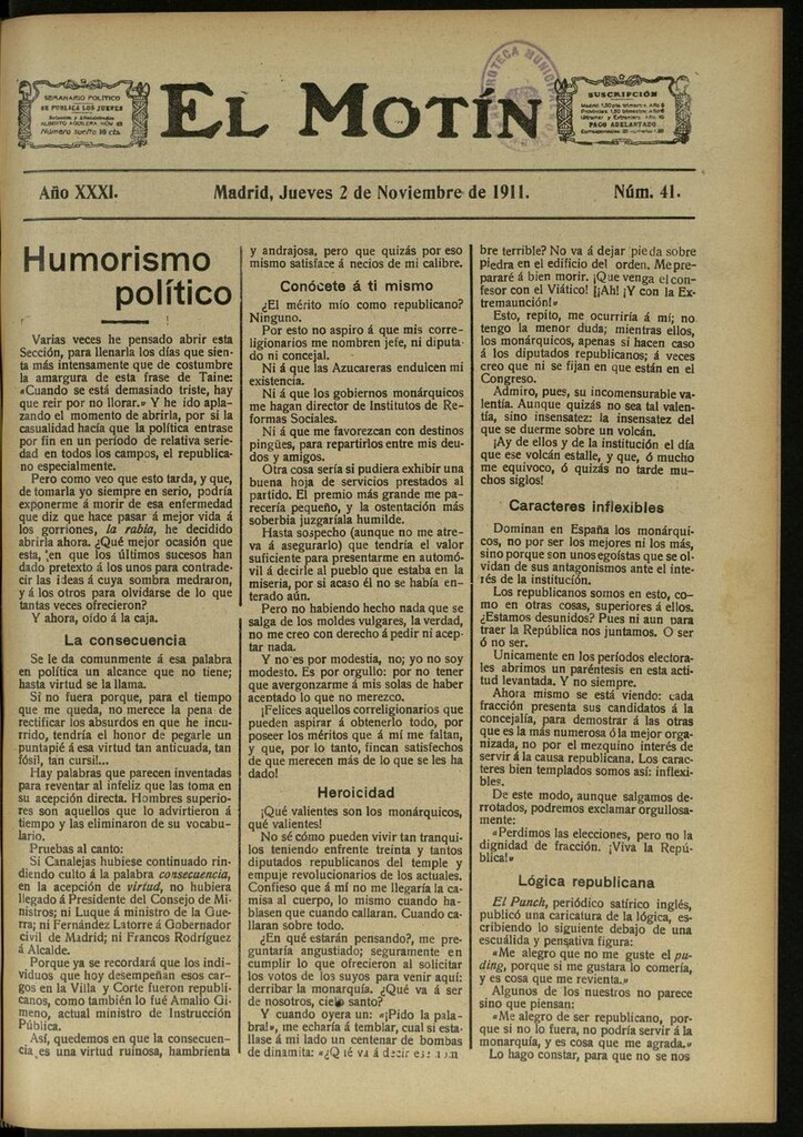 Miniatura de El Motín: periódico satírico semanal del 2 de Noviembre de 1911
