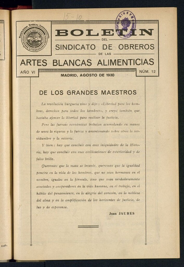 Miniatura de Boletín del Sindicato de Obreros de las Artes Blancas Alimenticias de agosto de 1930