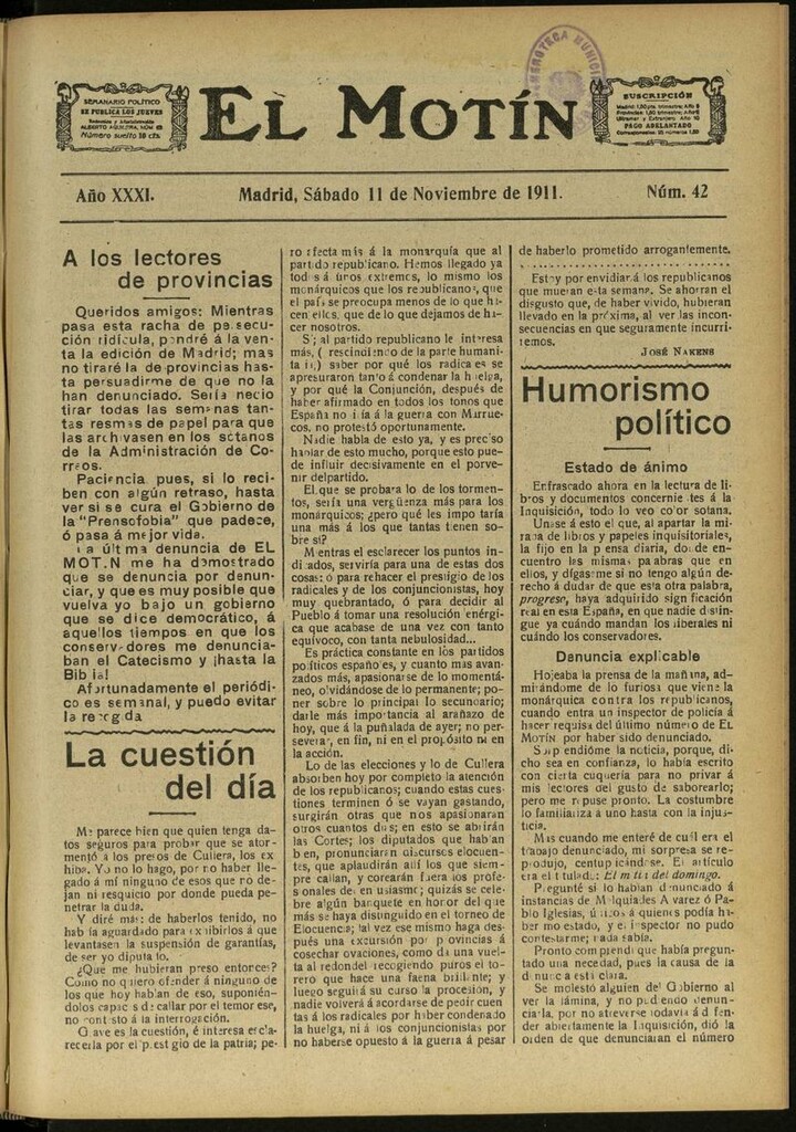 Miniatura de El Motín: periódico satírico semanal del 11 de Noviembre de 1911