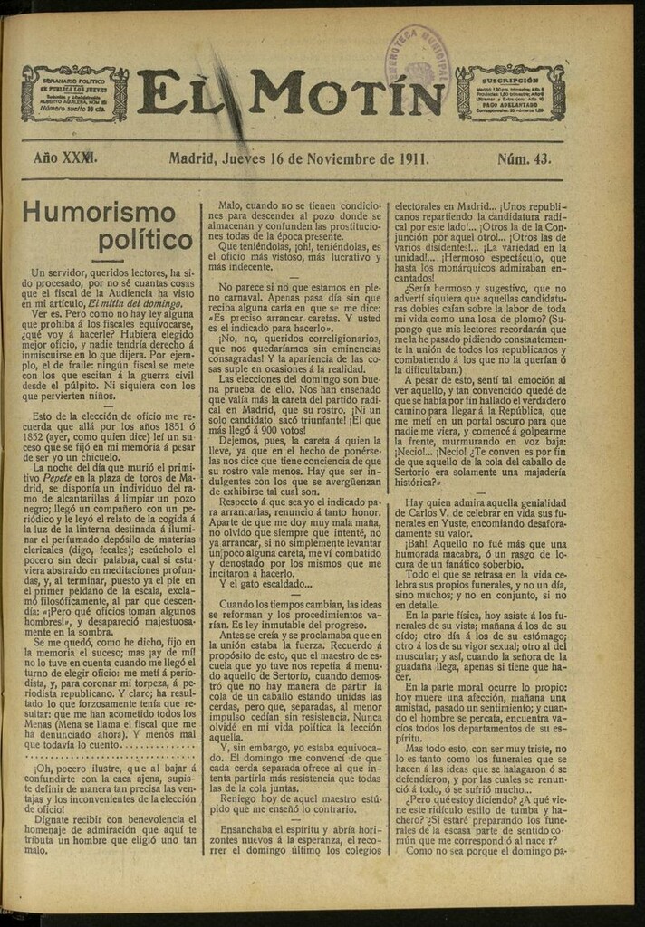Miniatura de El Motín: periódico satírico semanal del 16 de Noviembre de 1911