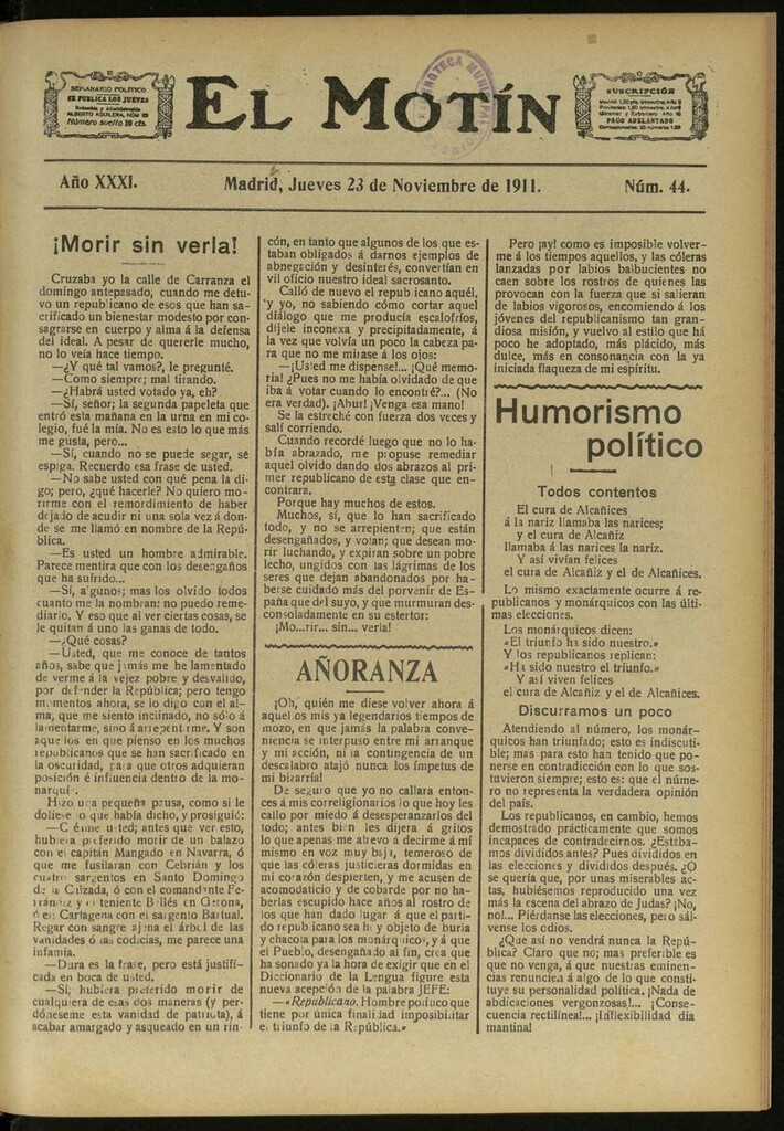 Miniatura de El Motín: periódico satírico semanal del 23 de Noviembre de 1911