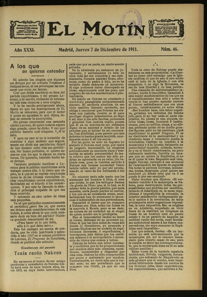 Miniatura de El Motín: periódico satírico semanal del 7 de Diciembre de 1911