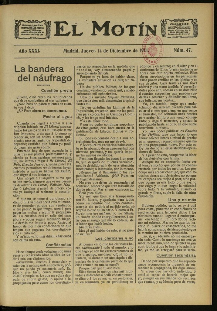 Miniatura de El Motín: periódico satírico semanal del 14 de Diciembre de 1911