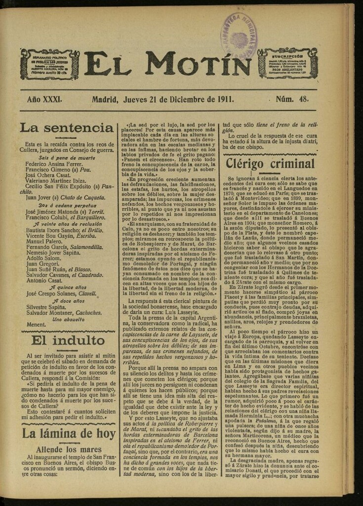 Miniatura de El Motín: periódico satírico semanal del 21 de Diciembre de 1911