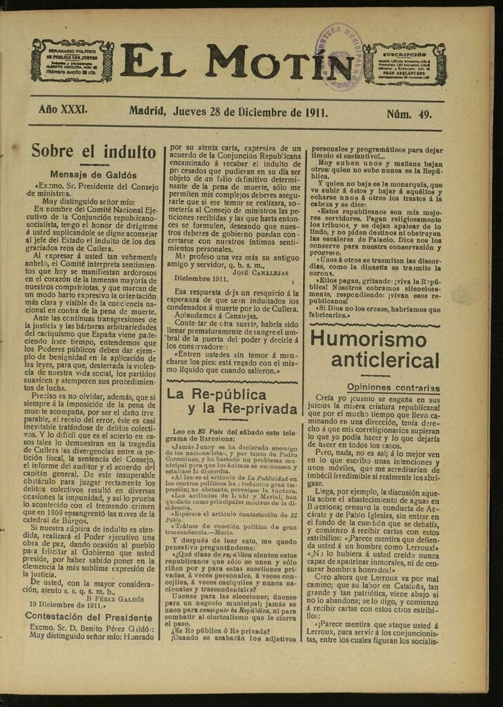Miniatura de El Motín: periódico satírico semanal del 28 de Diciembre de 1911