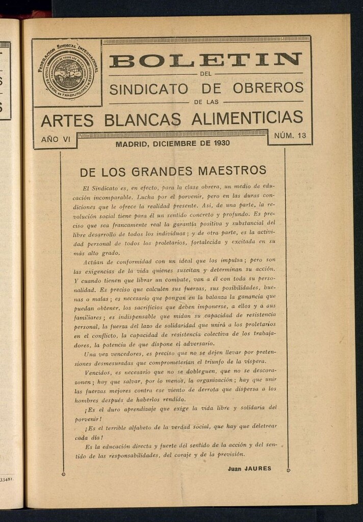 Miniatura de Boletín del Sindicato de Obreros de las Artes Blancas Alimenticias de diciembre de 1930