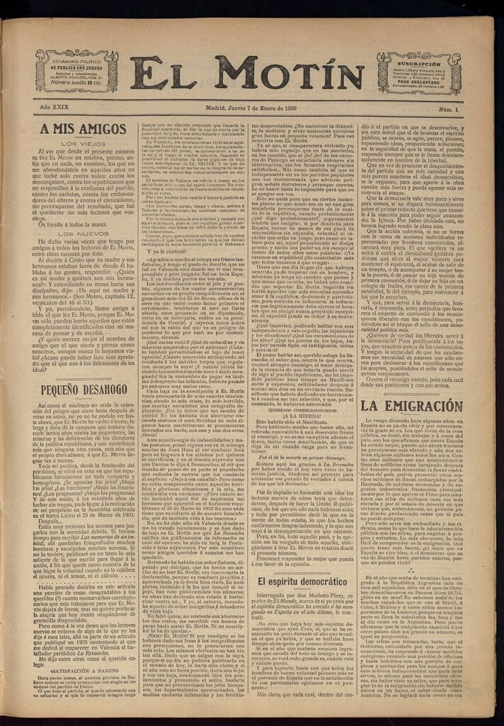 Miniatura de El Motín: periódico satírico semanal del 7 de Enero de 1909