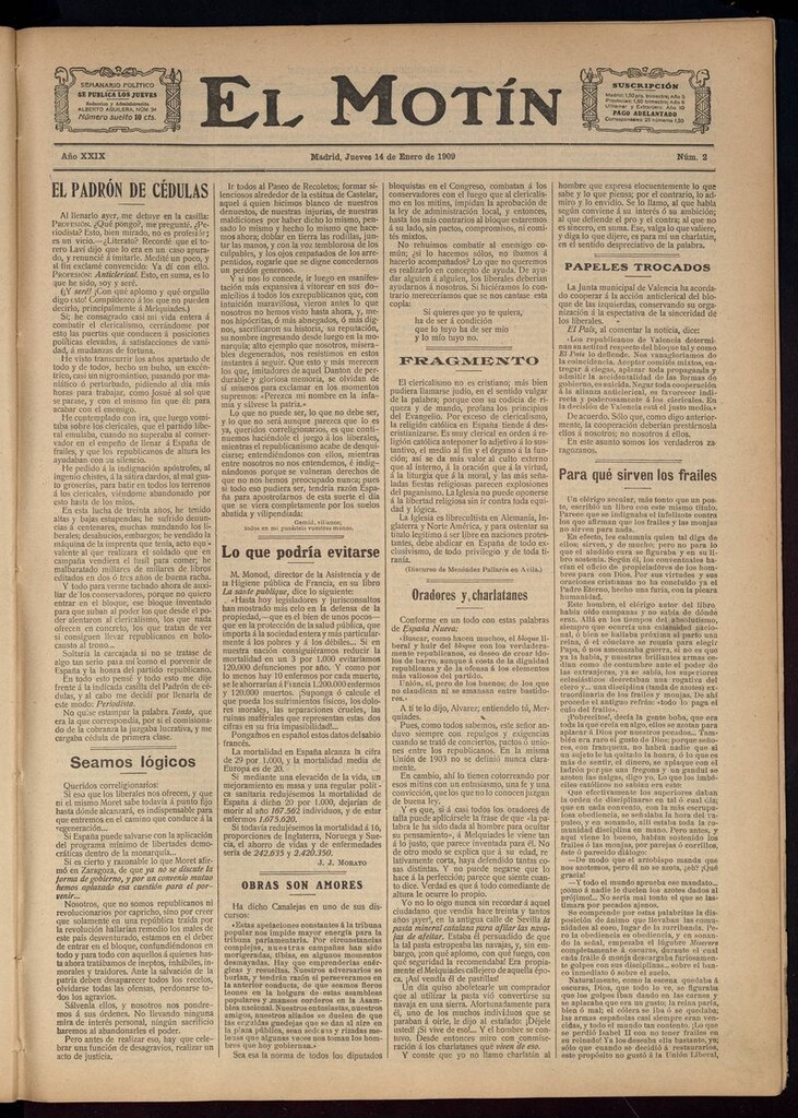 Miniatura de El Motín: periódico satírico semanal del 14 de Enero de 1909