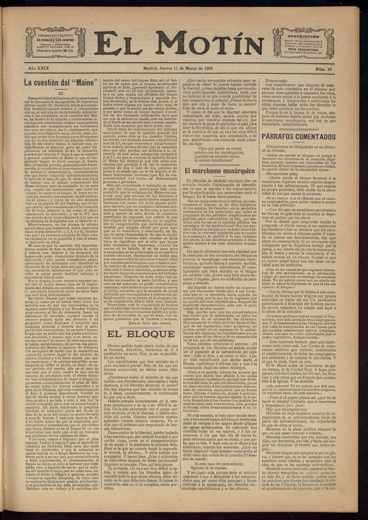 Miniatura de El Motín: periódico satírico semanal del 11 de Marzo de 1909