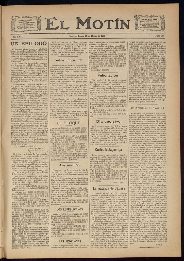 Miniatura de El Motín: periódico satírico semanal del 25 de Marzo de 1909