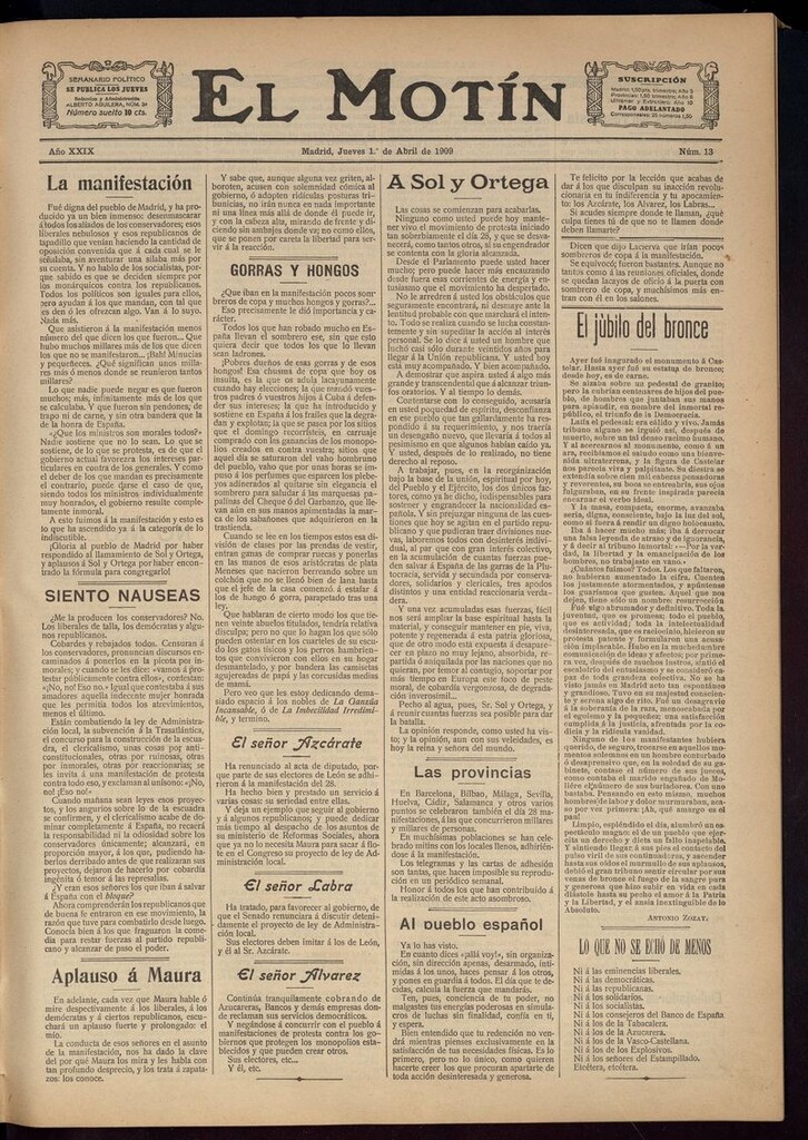 Miniatura de El Motín: periódico satírico semanal del 1 de Abril de 1909