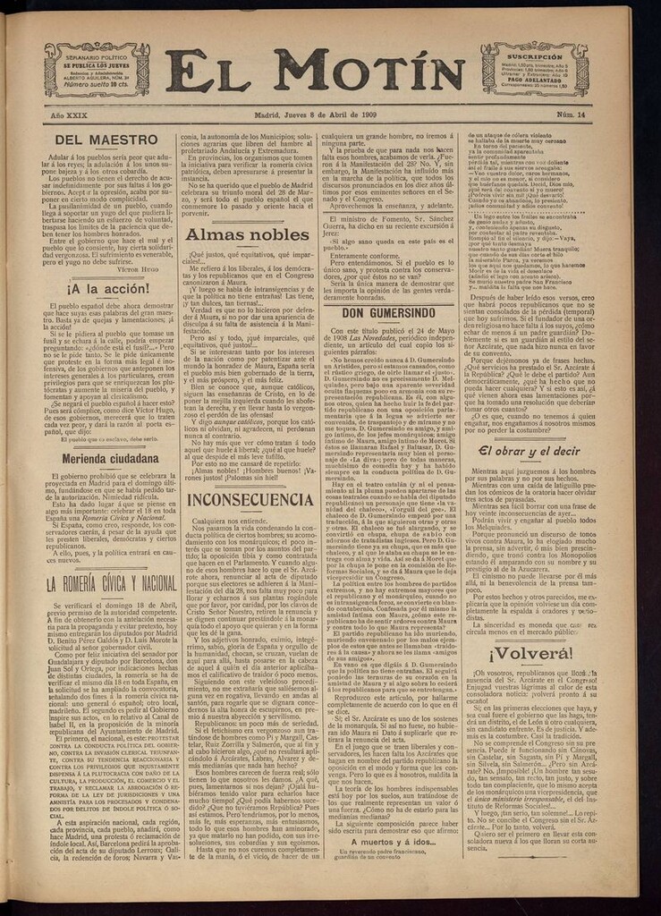 Miniatura de El Motín: periódico satírico semanal del 8 de Abril de 1909