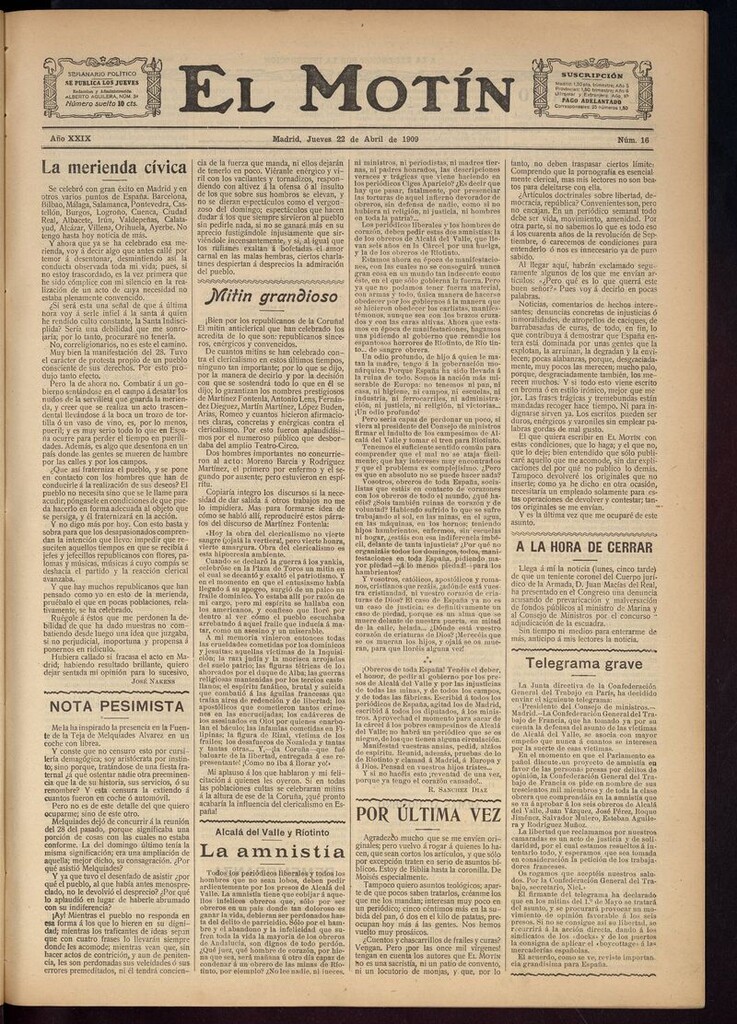 Miniatura de El Motín: periódico satírico semanal del 22 de Abril de 1909