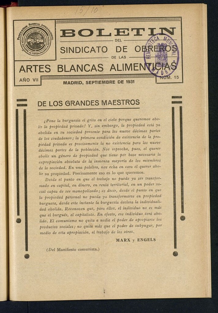 Miniatura de Boletín del Sindicato de Obreros de las Artes Blancas Alimenticias de septiembre de 1931