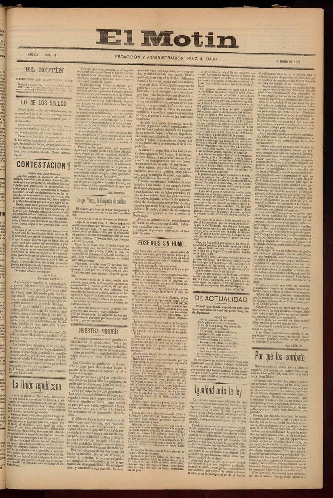 Miniatura de El Motín: periódico satírico semanal del 17 de Marzo de 1900