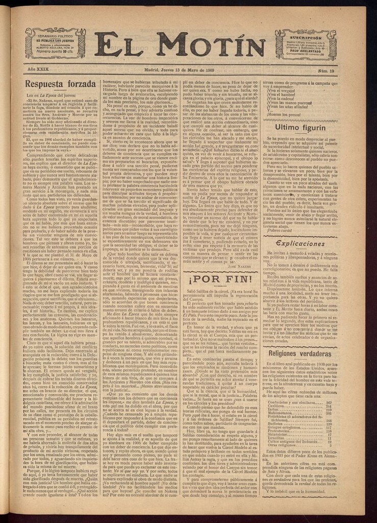Miniatura de El Motín: periódico satírico semanal del 13 de Mayo de 1909
