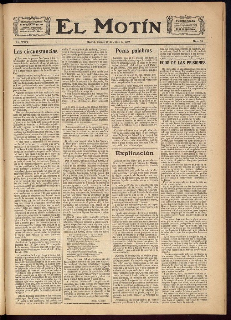 Miniatura de El Motín: periódico satírico semanal del 24 de Junio de 1909