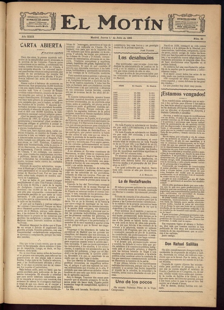 Miniatura de El Motín: periódico satírico semanal del 1 de Julio de 1909