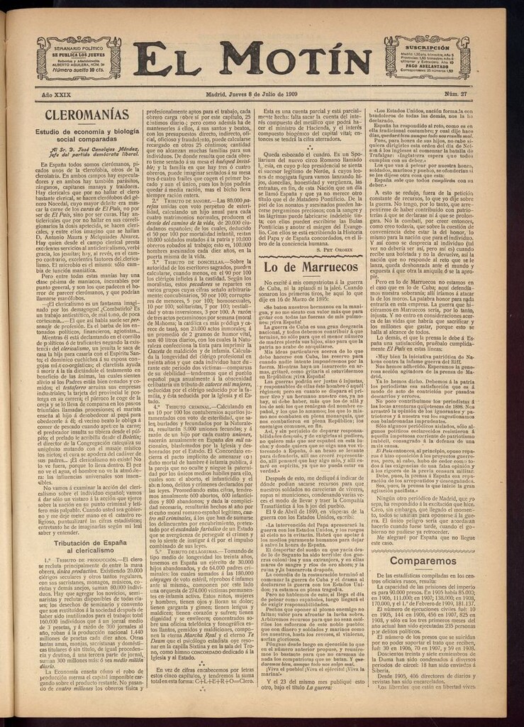 Miniatura de El Motín: periódico satírico semanal del 8 de Julio de 1909